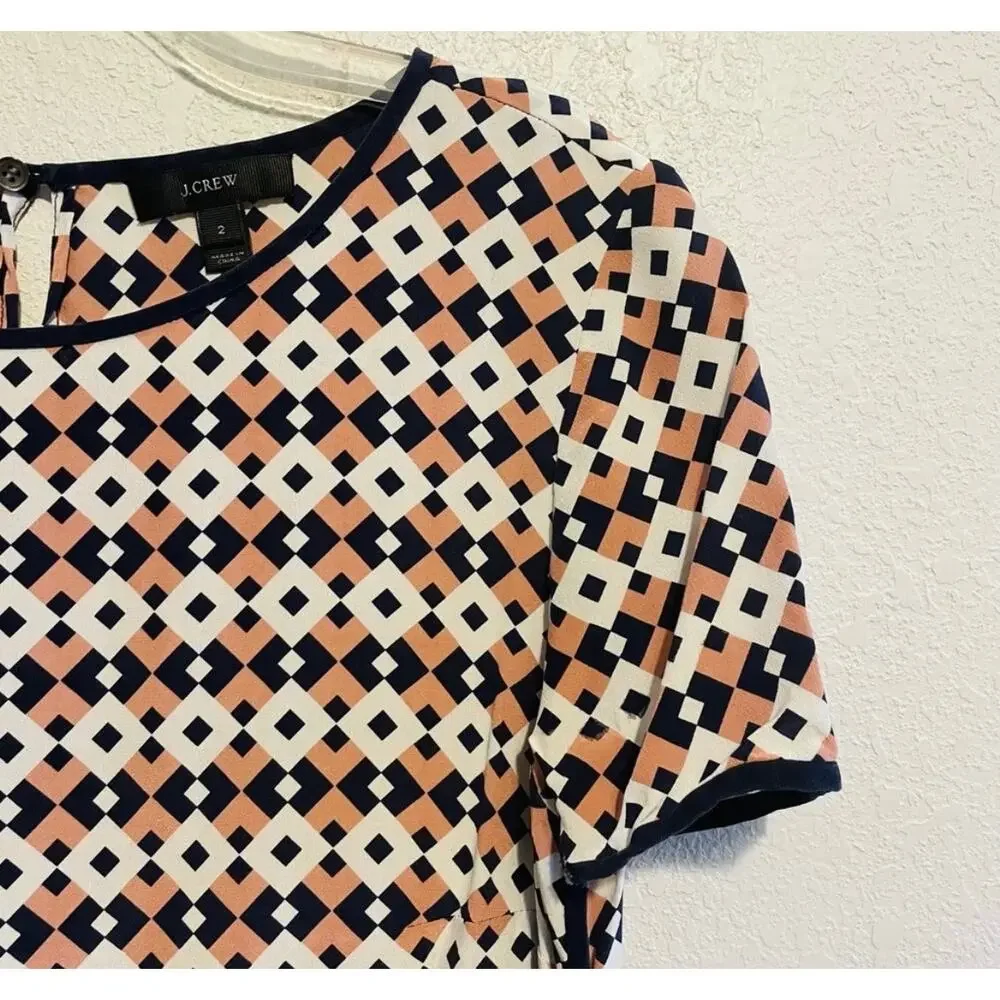 J. Crew Navy and Blush Geometric Pattern Silk Blouse Size 2